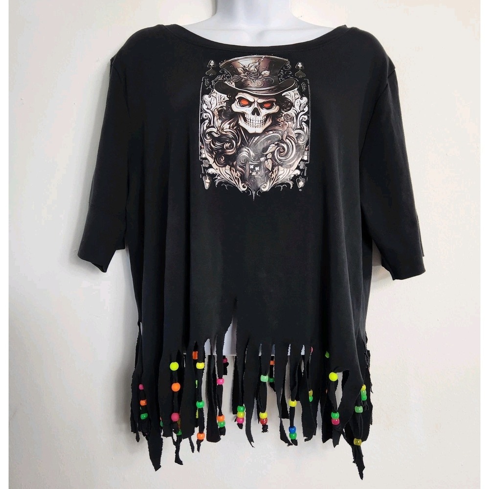 Noble Outfitters Size XL Route 66 Skull Fringe Black Beaded Crop Top Biker Boho